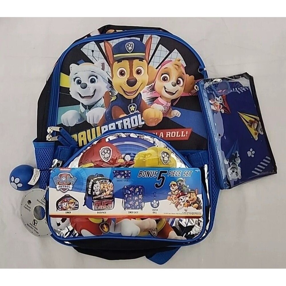 Paw Patrol Is On A Roll School Backpack W/ Side Pockets Lunch Gadget 5 Piece Set